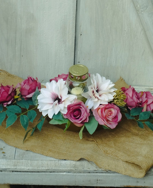 Vegyes rózsa és dália tál mécsessel