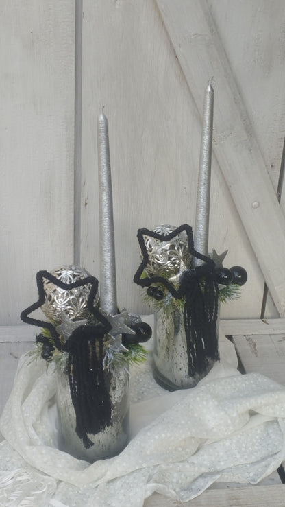 Moder ezüst fekete gyertyás dísz