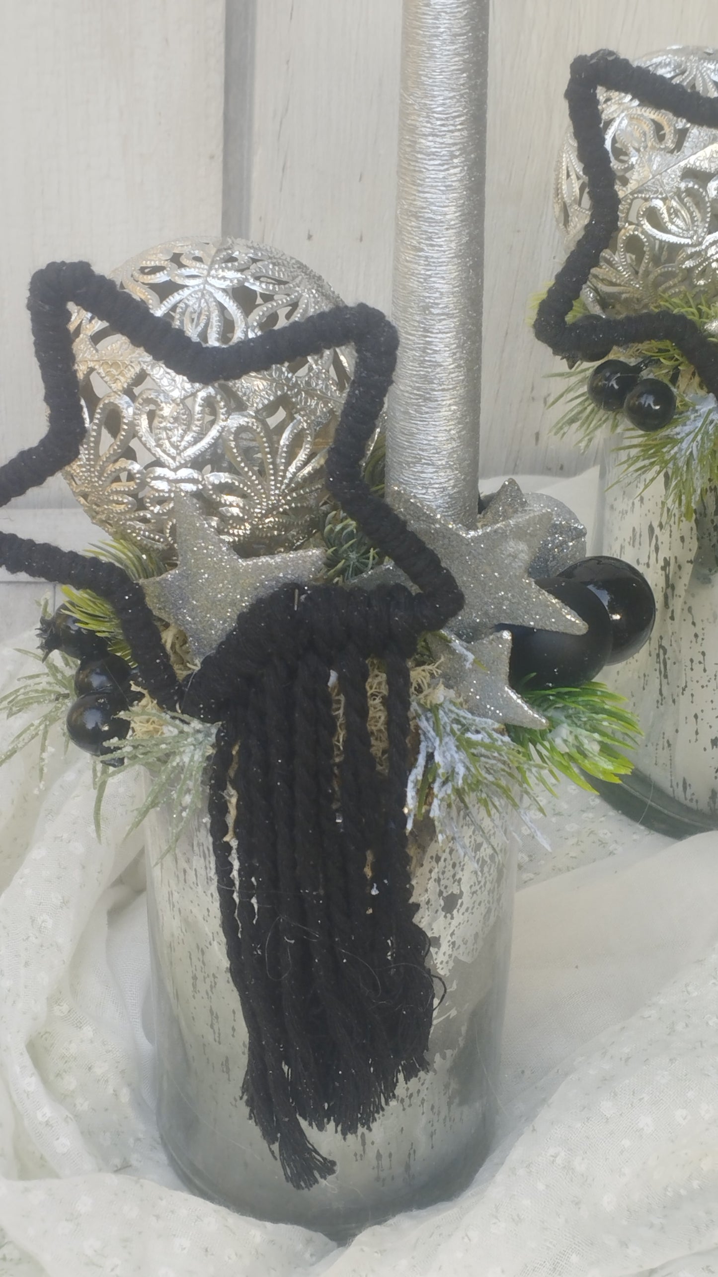 Moder ezüst fekete gyertyás dísz