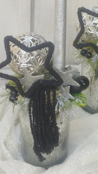 Moder ezüst fekete gyertyás dísz