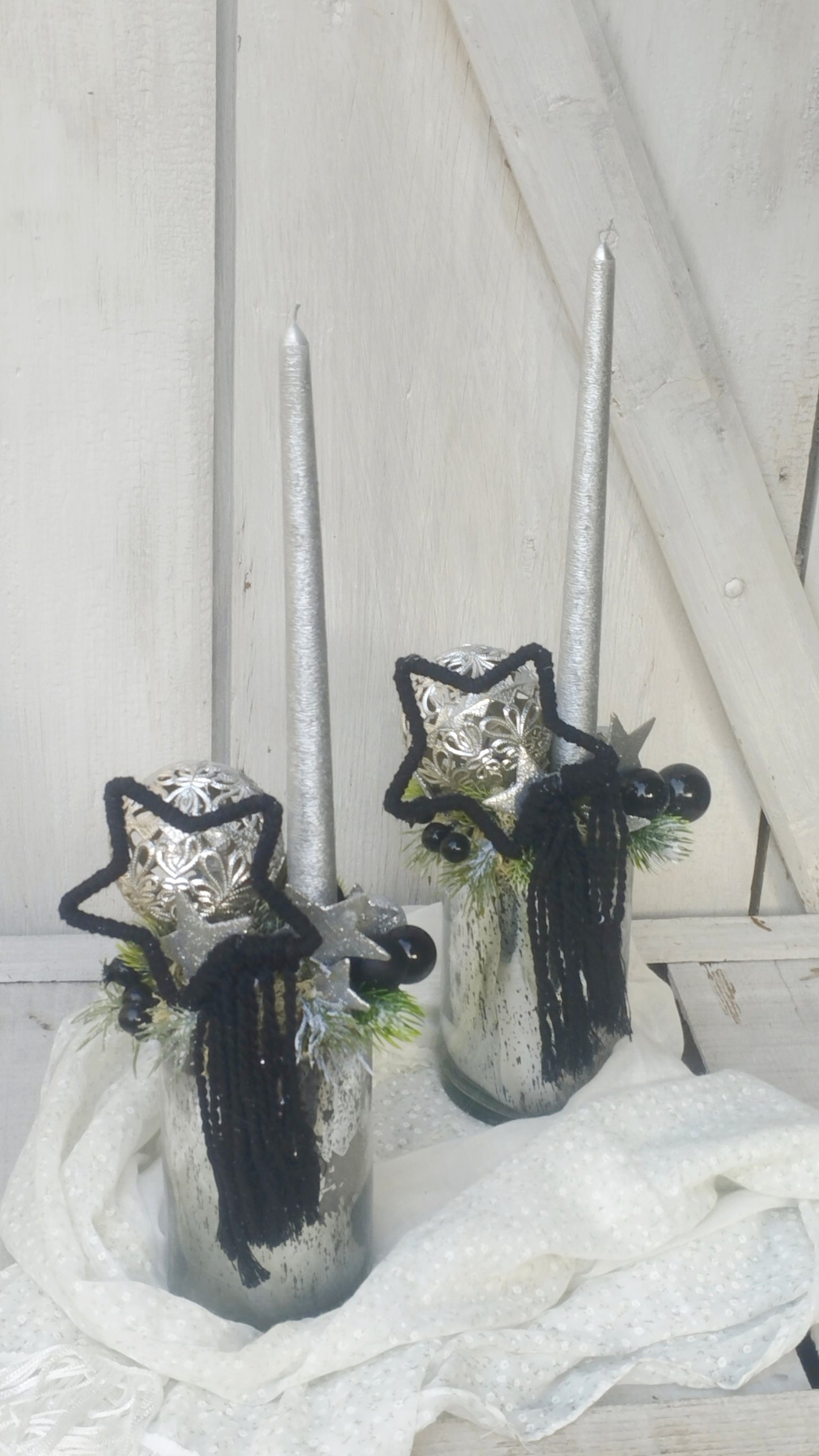 Moder ezüst fekete gyertyás dísz