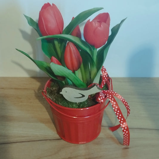 Színes élet hű gumi  tulipánok ,bádog vödörben